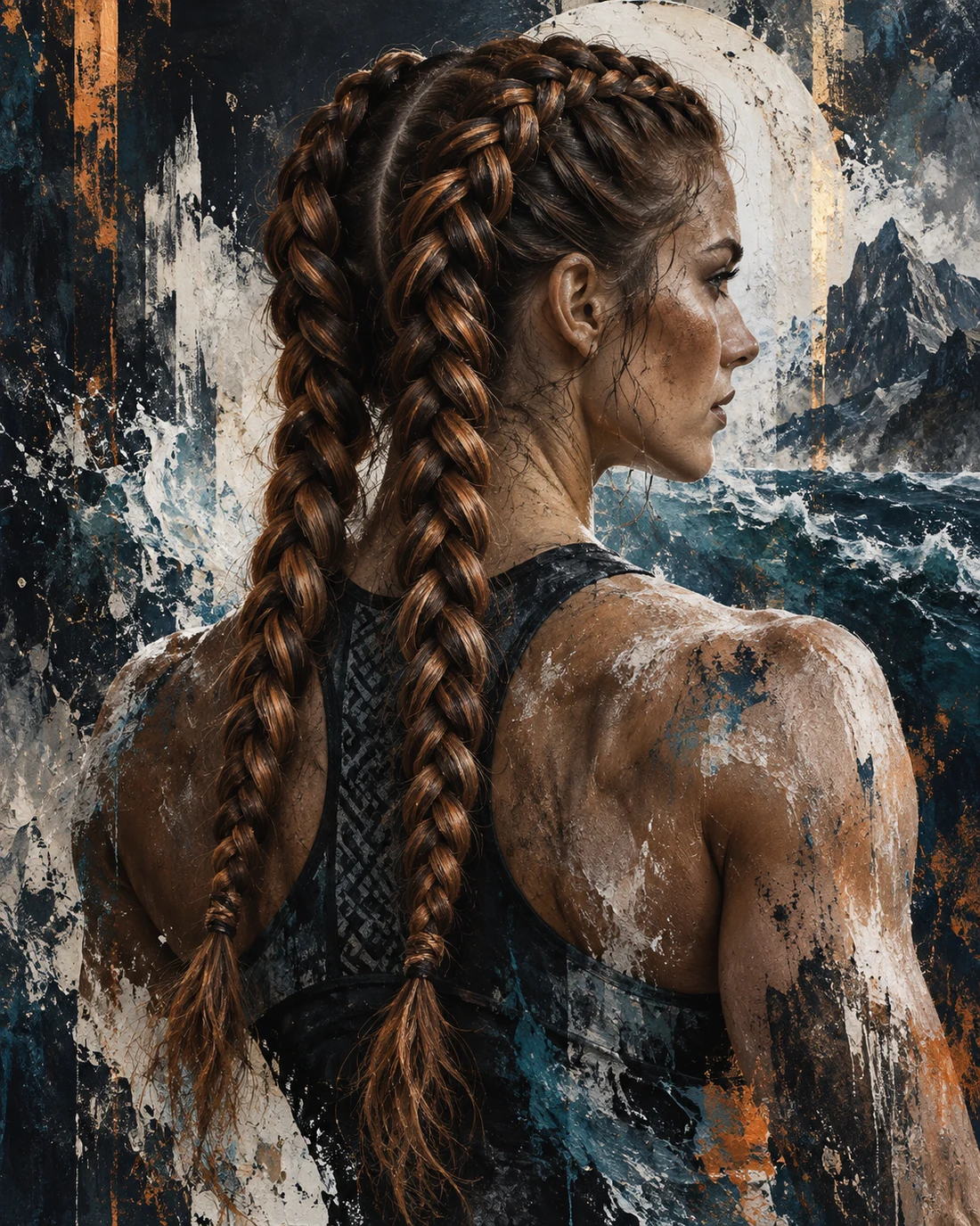 An endurance athlete seen from behind, her hair in two Dutch braids, before a race.